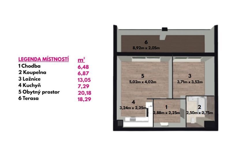 Pronájem nového bytu 2+kk s terasou a garážovým stáním – Rezidence Bartoška, Zlín.
