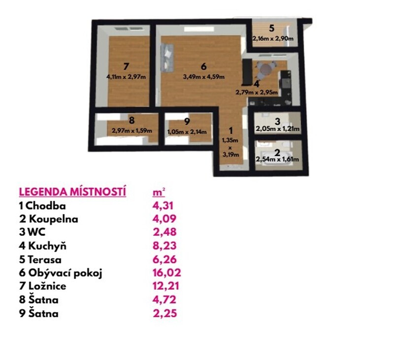 Pronájem bytu 2+kk s velkou terasou, dvěma šatnami a garážovým stáním ve Zlíně