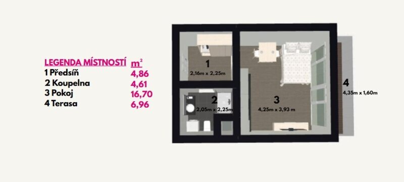 Stylové bydlení ve Zlíně! Pronájem moderního bytu 1+kk s terasou a sklepem v Rezidenci Bartoška