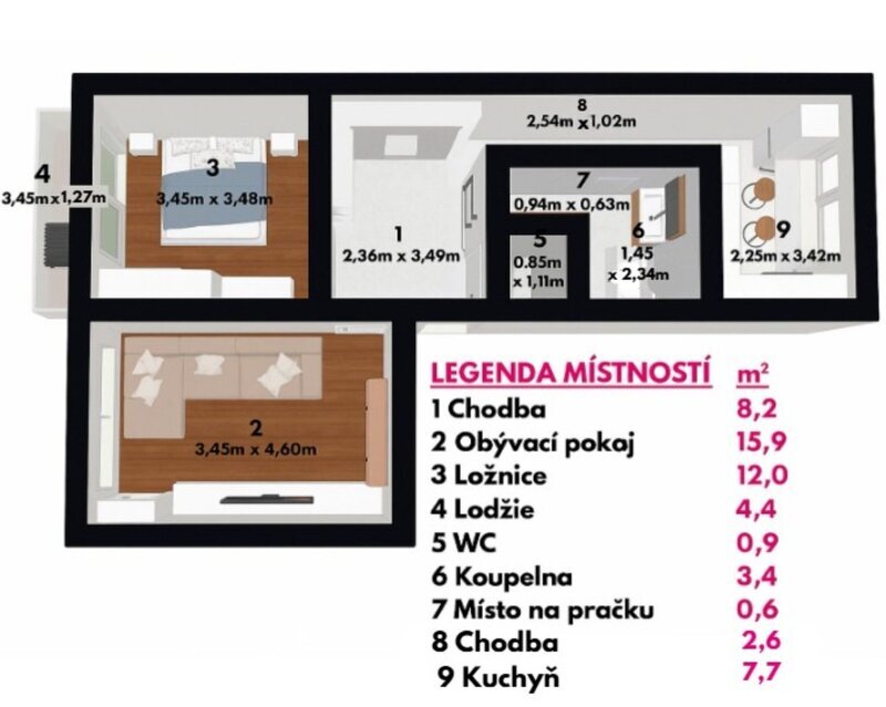 Pronájem prostorného bytu 2+1 s lodžií a sklepem, Napajedla